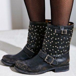 Frye Jenna Studded Disc Vintage Antique Distressed Leather Combat Short Boot